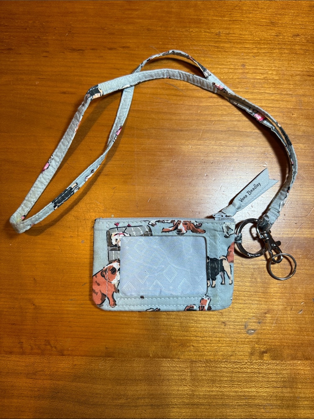 Vera Bradley Light Gray Dog Print Lanyard ID Holder with Keyring